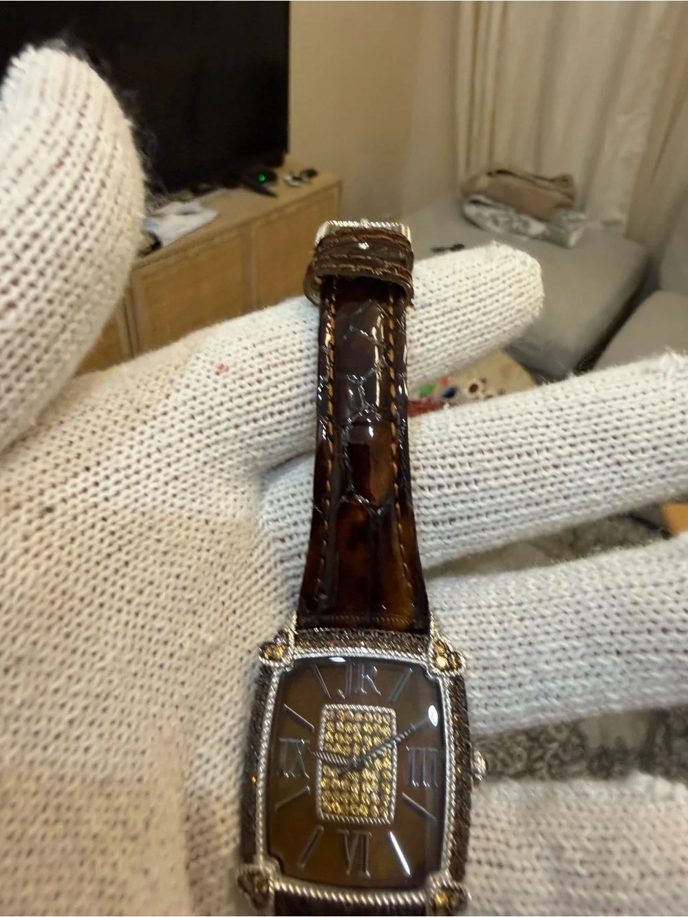 Judith Ripka Monaco Watch Brown Face Pave CZ Crystal Heart Tortoise Strap Runs